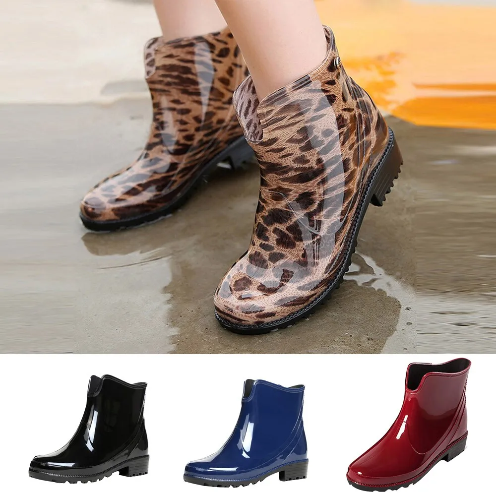 

Leopard Rainboots Short Water Boots Waterproof Rain Boots Women Slip-On Chelsea Boots Outdoor Anti Slip Warmer Hiking Snow Boots