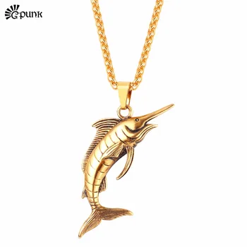 

Gold Color Mens Necklace With Chain swordfish black color unique animal jewelry P33G