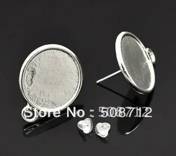 

Free shipping!!! silver Plated Round Cabochon Settings Earring Post&Stoppers pad 16mm,Earrings Base