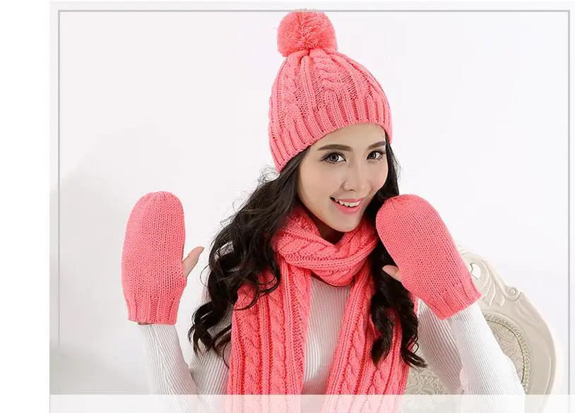 Осенне-зимний мужской и женский модный вязаный шарф с принтом, шапка и перчатки 055 - Цвет: pink