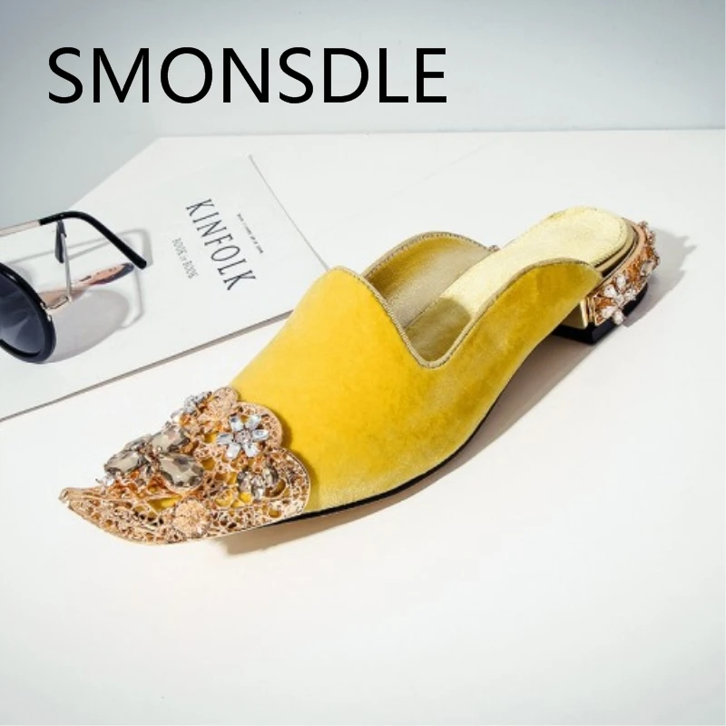 

2018 Summer Retro Women Pointe Toe Crystal Slippers Black Red Yellow Genuine Leather Outside Ladies Mules Shoes Big Size 35-43