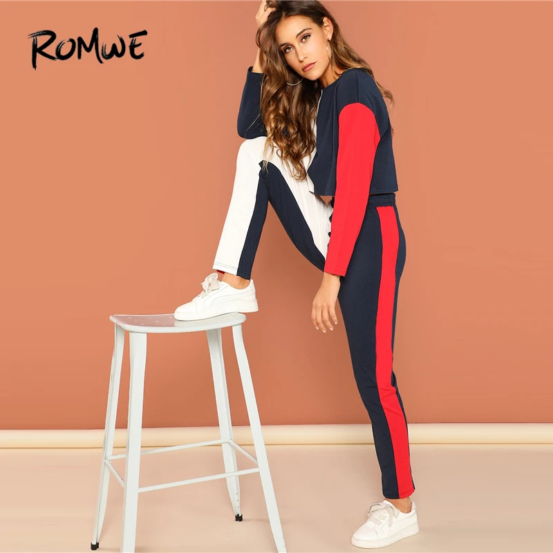 

ROMWE Cut And Sew Crop Top And Pants Set Elastic Waist Pullover Colorblock Spring Autum Casual Women New Fashion Two-piece Set