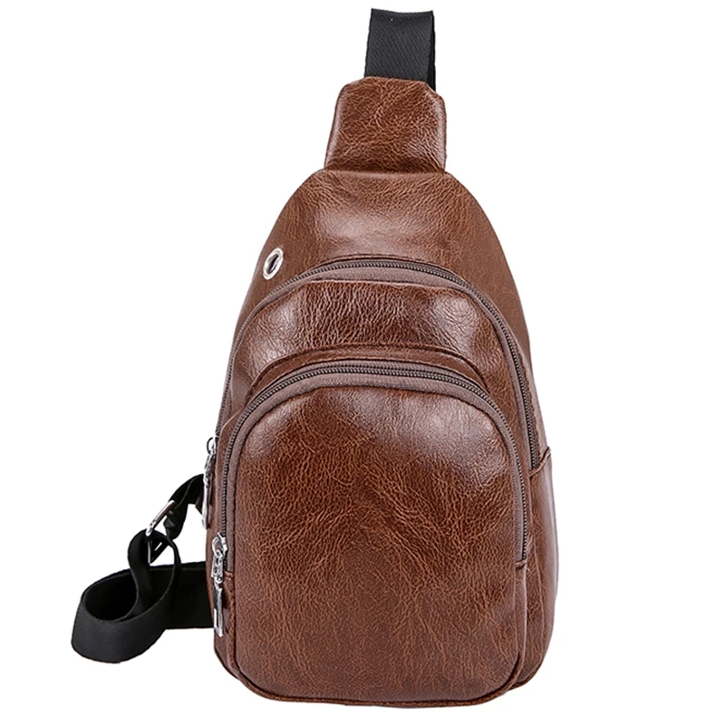 

Men'S Chest Bag Men Leather Chest Pack Usb Backbag With Headphone Hole Functional Travel Organizer Male Sling Bag