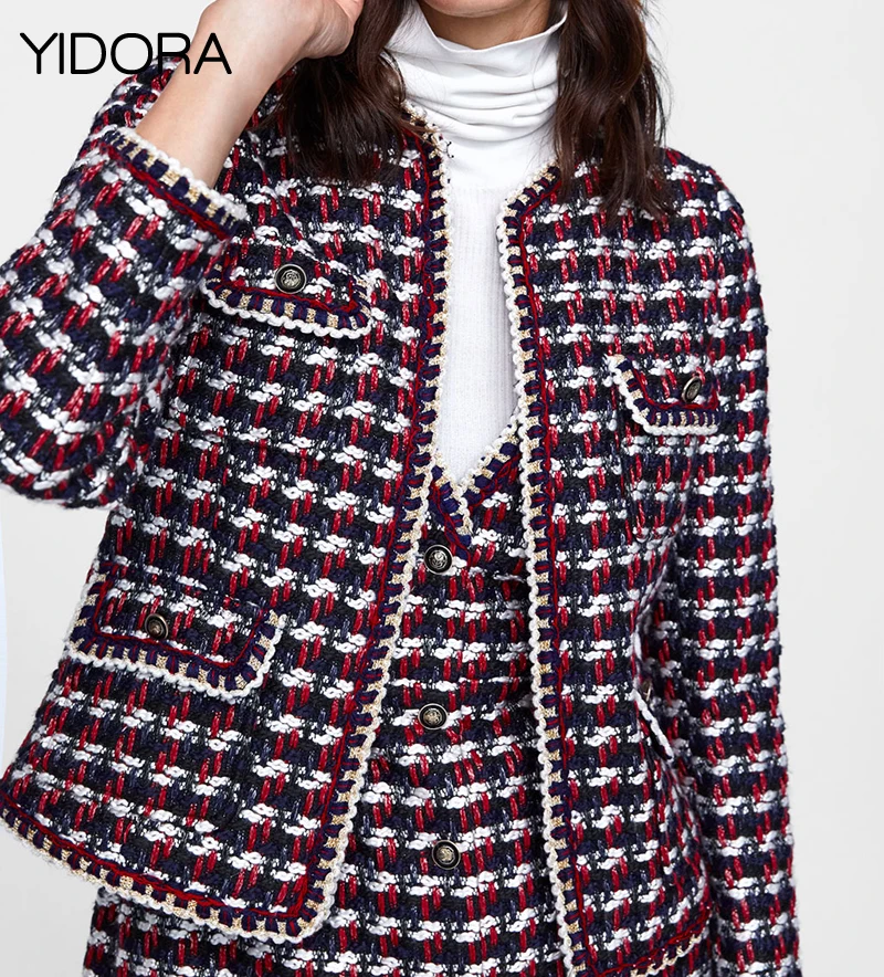 Для женщин круглый средства ухода за кожей шеи с длинным рукавом Короткие повседневное текстура твидовый пиджак передними карманами и