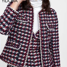 Для женщин круглый средства ухода за кожей шеи с длинным рукавом Короткие повседневное текстура твидовый пиджак передними карманами и