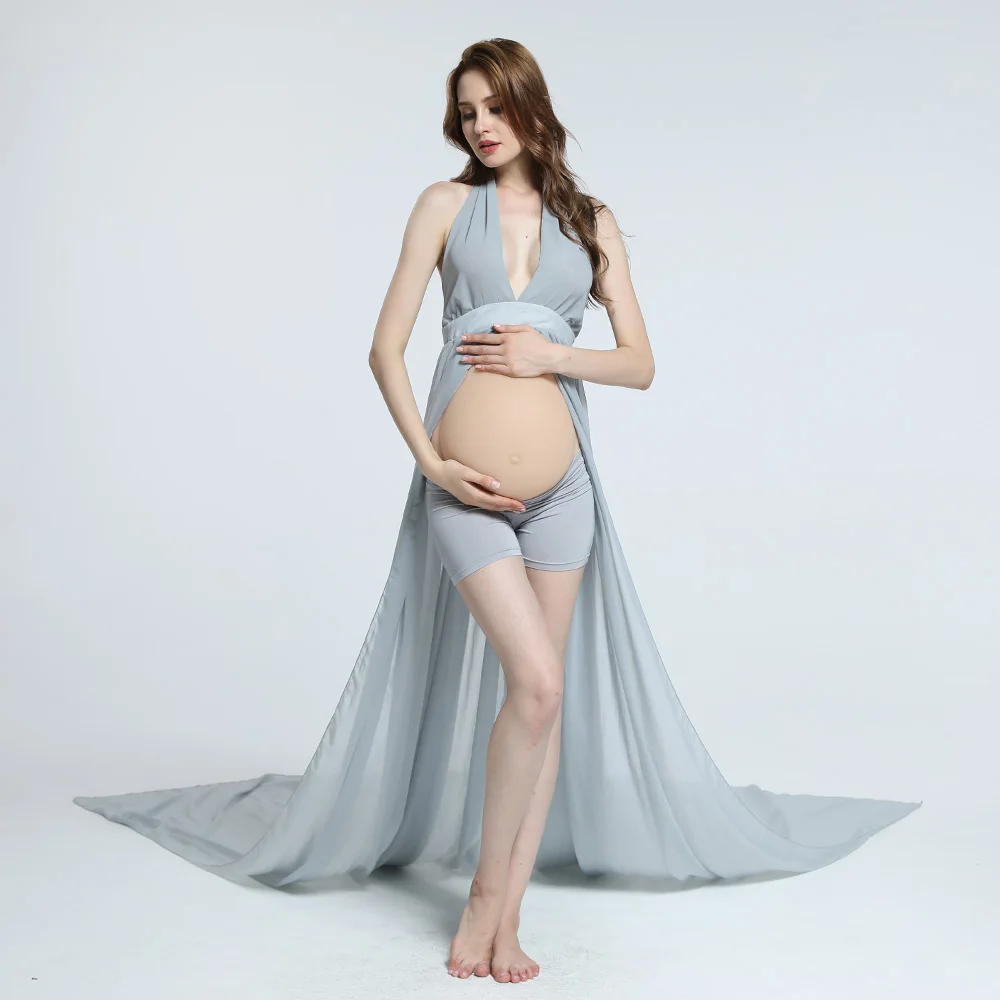 

D&J Ship from USA Chiffon Maternity Photography Props Pregnancy Clothing Sexy V Neck Maxi Grey Dresses Women Photo Shoot Cloth