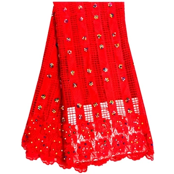 

African Guipure Lace Fabric High Quality Red Embroidered Cord Lace Fabric Latest Beads Water Soluble Mesh Lace Fabric For Party