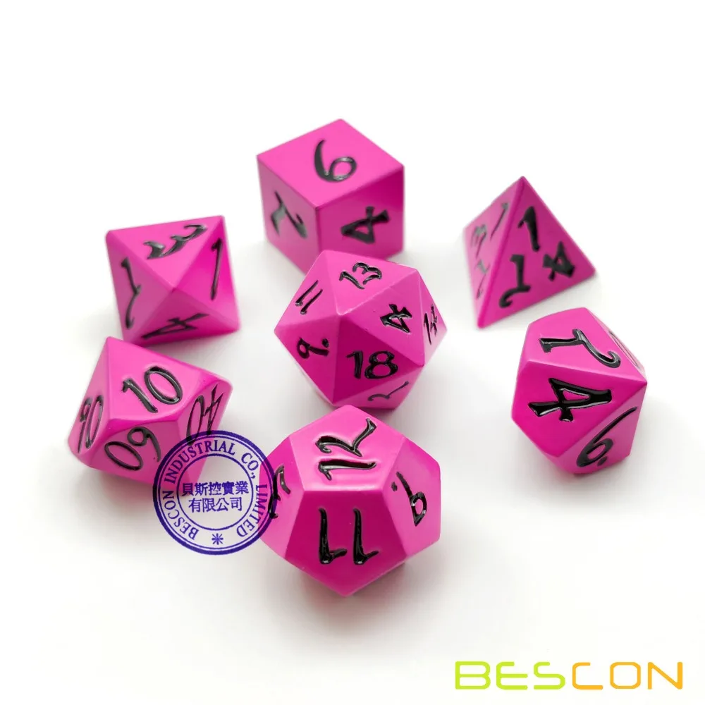 Bescon новые твердые металлические игральные кости набор темно-розовый, металлические RPG миниатюрные многогранные кости Набор из 7 для ролевых игр