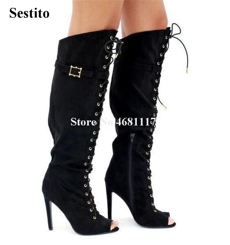 

Women Fashion Peep Toe Suede Leather Knee High Thin Heel Gladiator Boots Lace-up Buckle Long High Heel Boots Motorcycle Boots