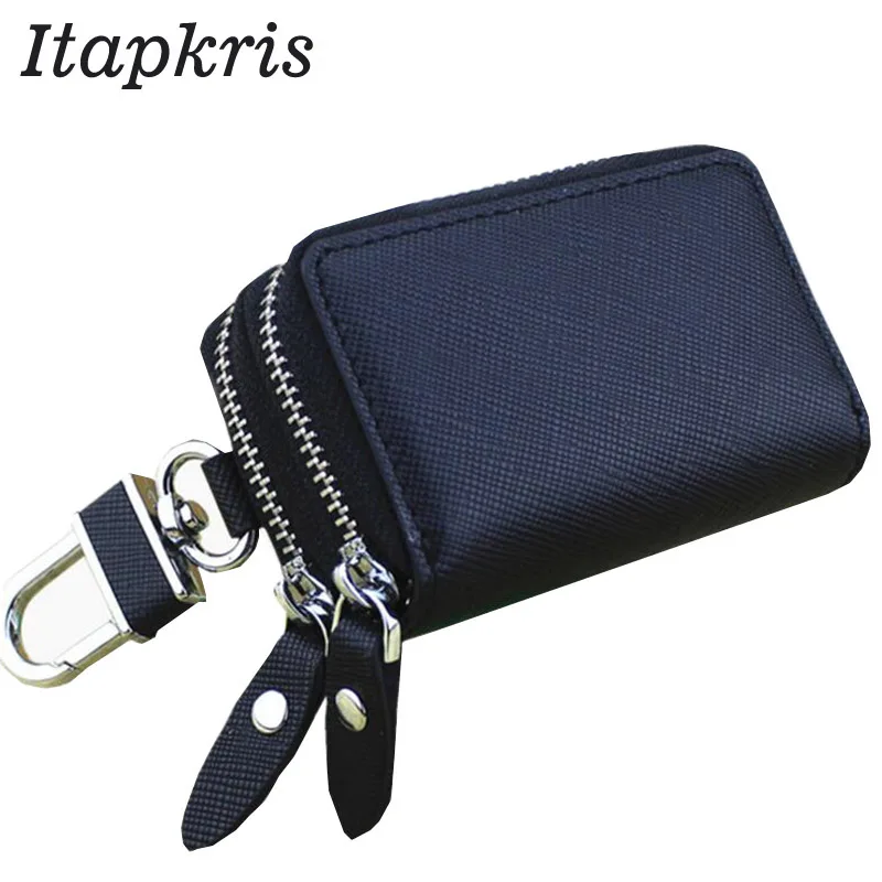 

Itapkris Casual Leather Double Zipper Women Key Wallet Keyring Holder Embossed Men Housekeeper Car Key Holder Coin Poch