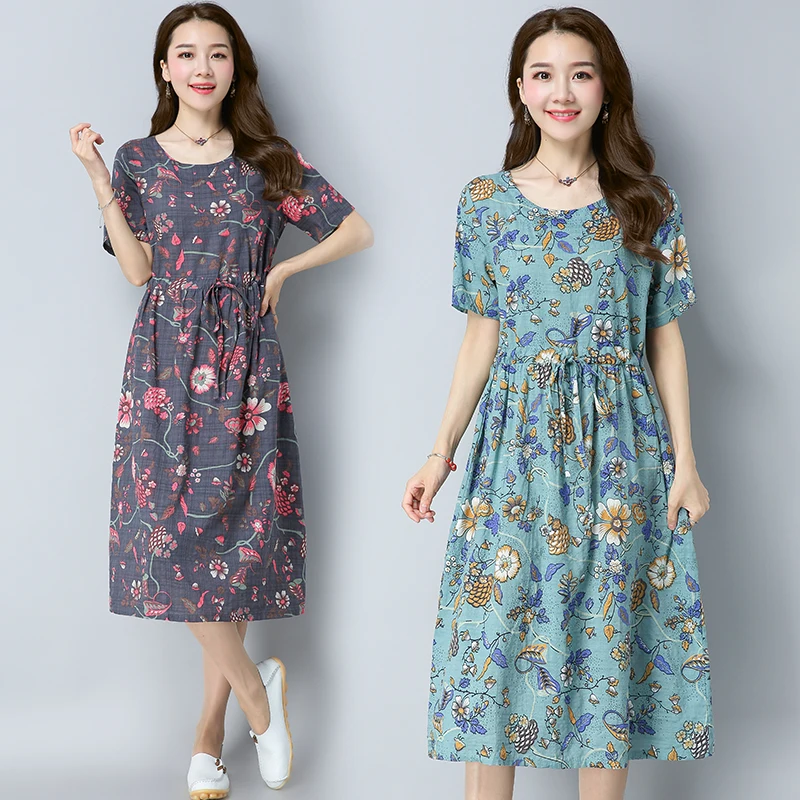 2019 Vintage Ladies Short Sleeve O Neck Midi Dress Floral Print Cotton ...