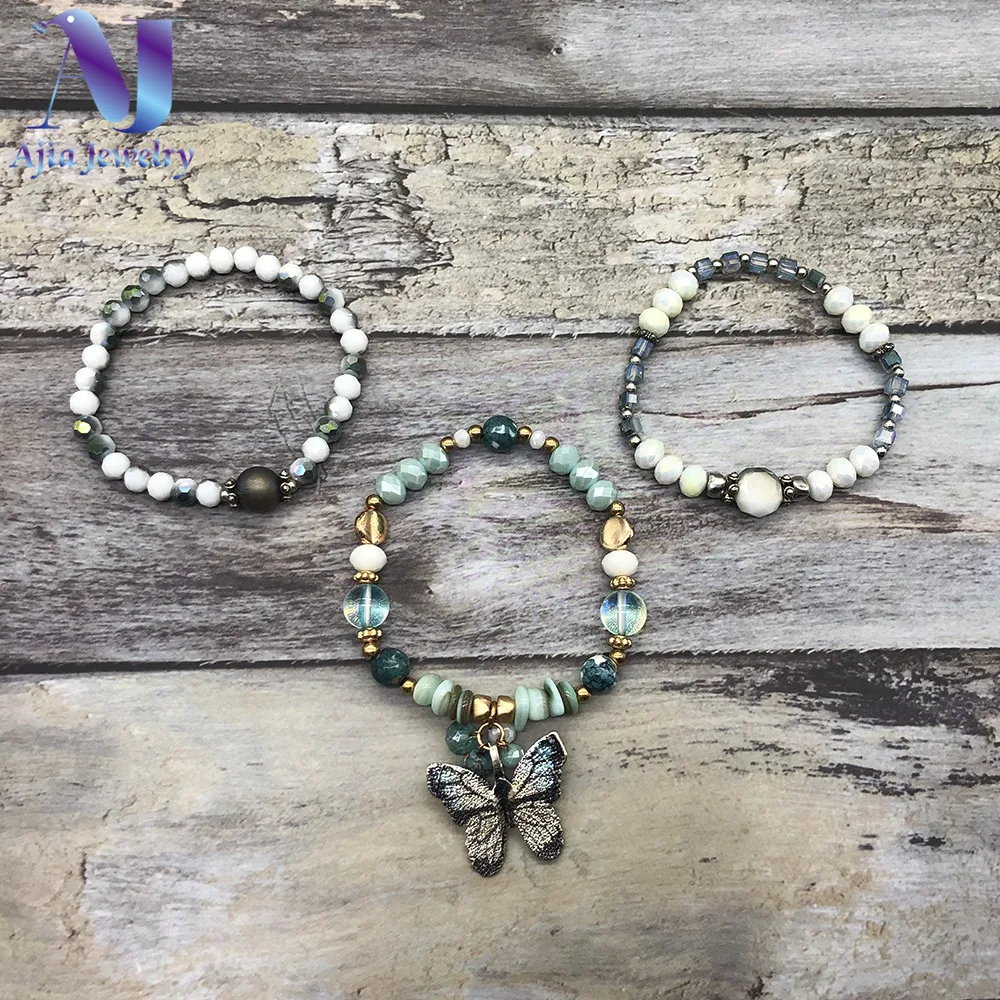 

3Pcs Butterfly Natural Stone Bracelet Summer Adjustable Green Crystal Charm Bracelet Woven Boho Jewelry pulseras mujer moda 2019