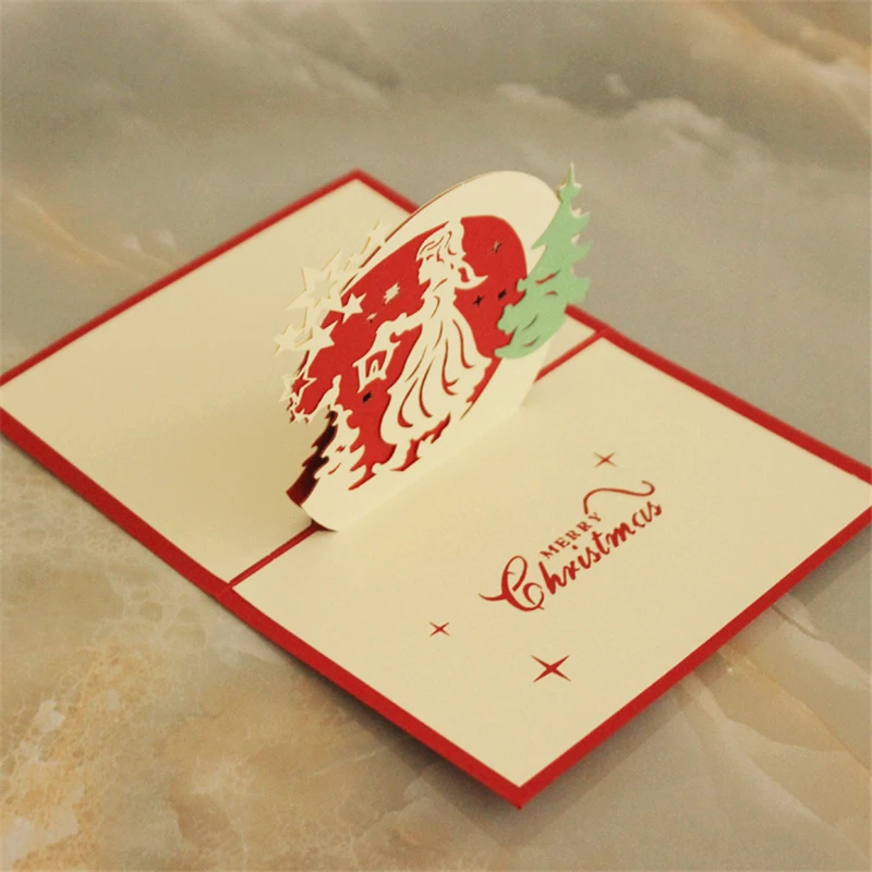 

Pop up 3D Xmas Greeting Card Merry Christmas Girl Tree Stars Laser Carving Party Invitation Cards