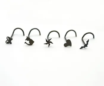 

HENGKE Jewelry Black Nose Rings Screw Cute Logos Hook Bone Bar Pin Piercing Jewelry 316L Stainless Steel