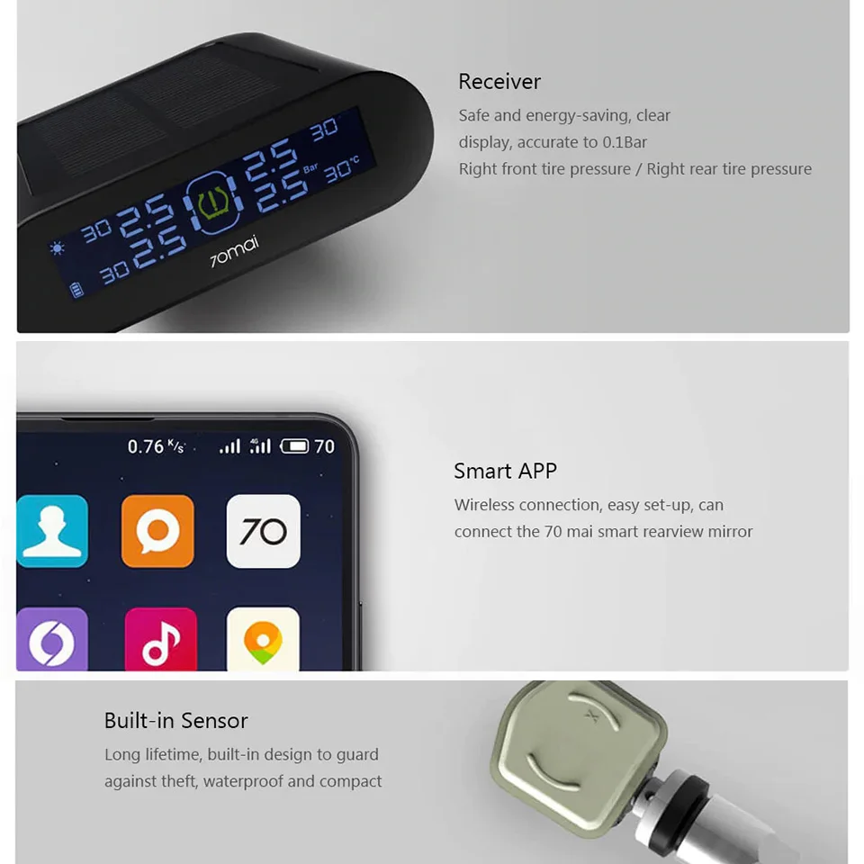 Xiaomi 70mai минут TPMS автомобильный монитор давления в шинах Солнечная и USB Двойная зарядка приложение контроль 4 Внутренний датчик ЖК-дисплей цветной дисплей