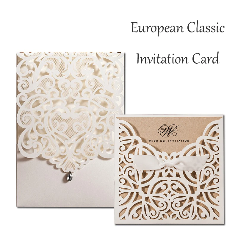 

(100 pieces/lot) Laser Cut Iris White Engagement Invitation Card Vintage Bowknot Personalized Print Wedding Invitations CW5001