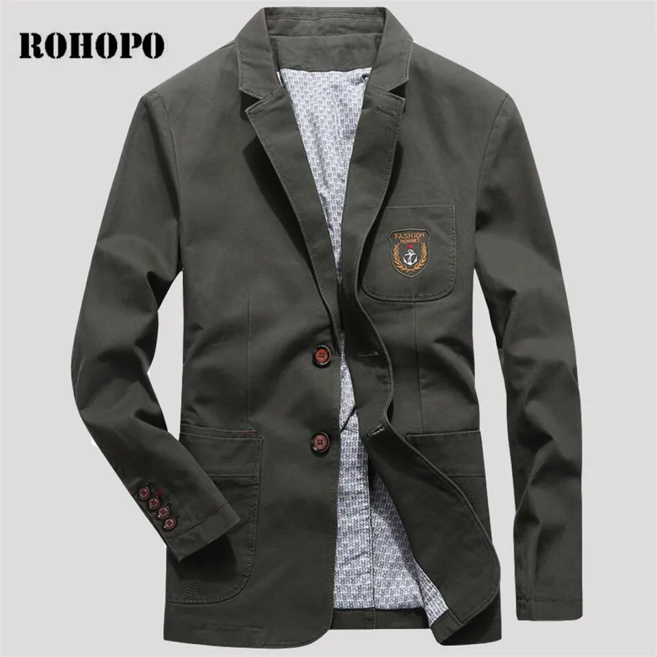 

ROHOPO Single Breast 100% Thicken Cotton Slim Blazer Male,Military Army Green Noble Fit Fashion Men Korea Outwear 2019 brand