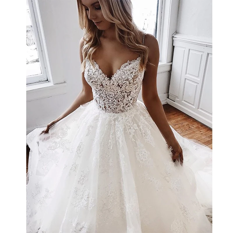 

Luxury A-line Wedding Dresses V-neck Appliques Lace Spaghetti Straps Vestido De Novia Custom Made White Ivory Bridal Gowns
