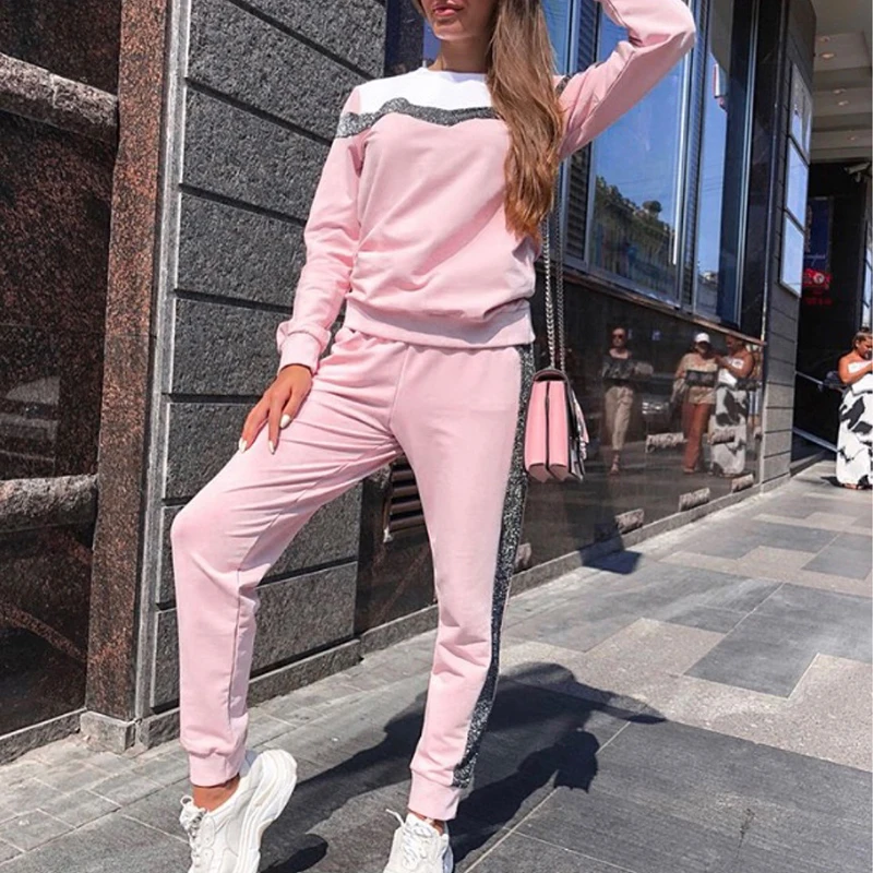 

Autumn Tracksuit Women Long Sleeve Sequin Patchwork Sweatshirts Casual Two Piece Set Tops Pants Sporting Suit SJ188V