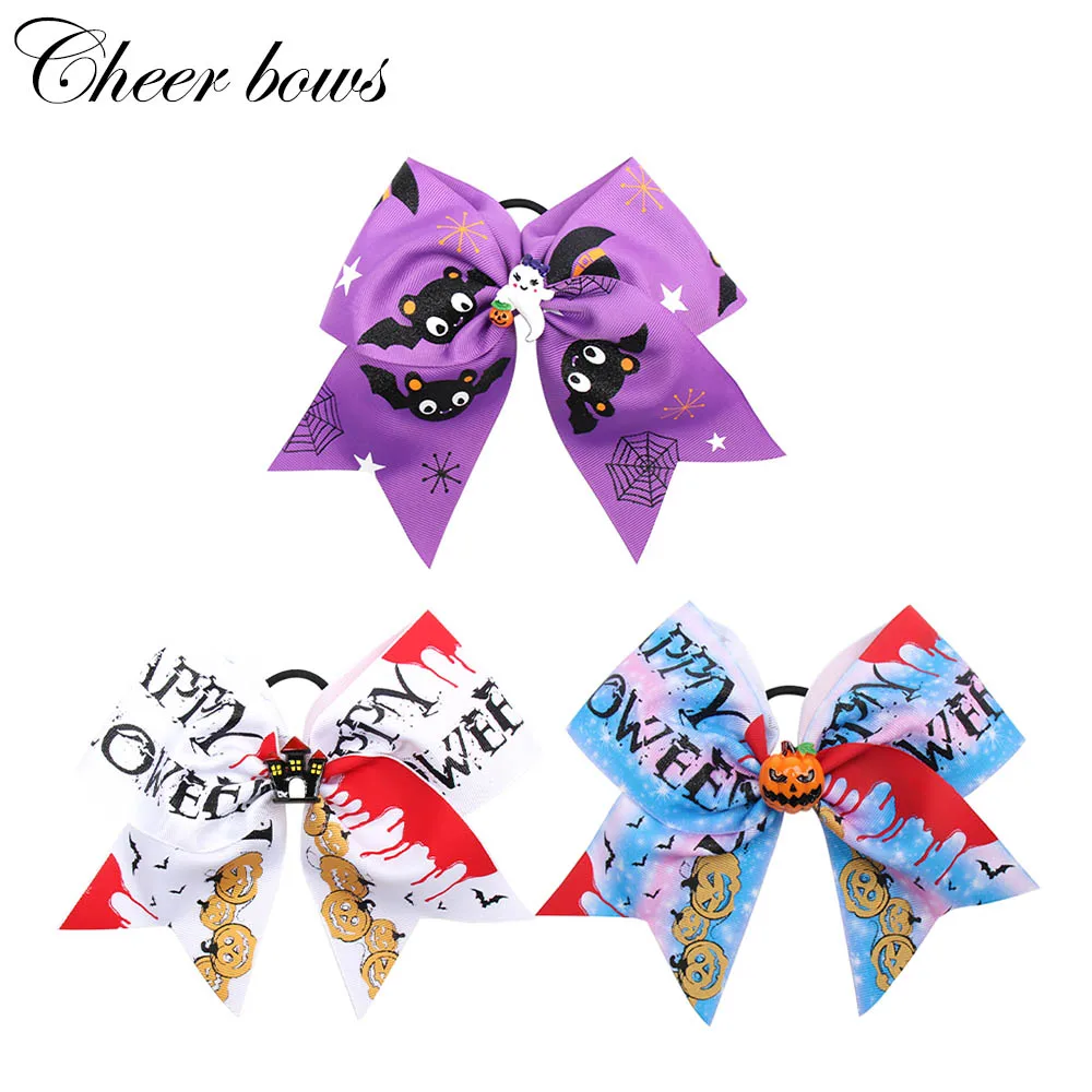 

7 Inch Cheer Bows Halloween Hairbows Elastic Hair Bands Girls Ponytail Holder Printed Bowknot Ribbon Hair Accessories
