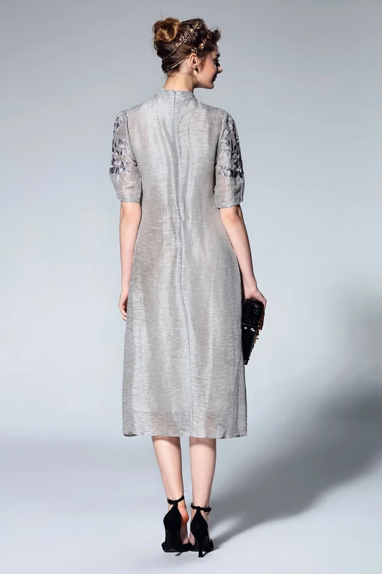 Grey Vintage Embroidery Stand Collar Shift Dress (7)