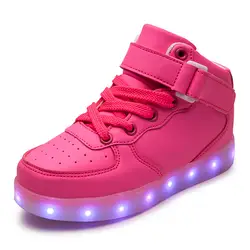 Горячая Качество 7 цветов дети Обувь со светодиодной подсветкой 2017 высокие детские кроссовки для мальчиков и девочек зарядка через usb