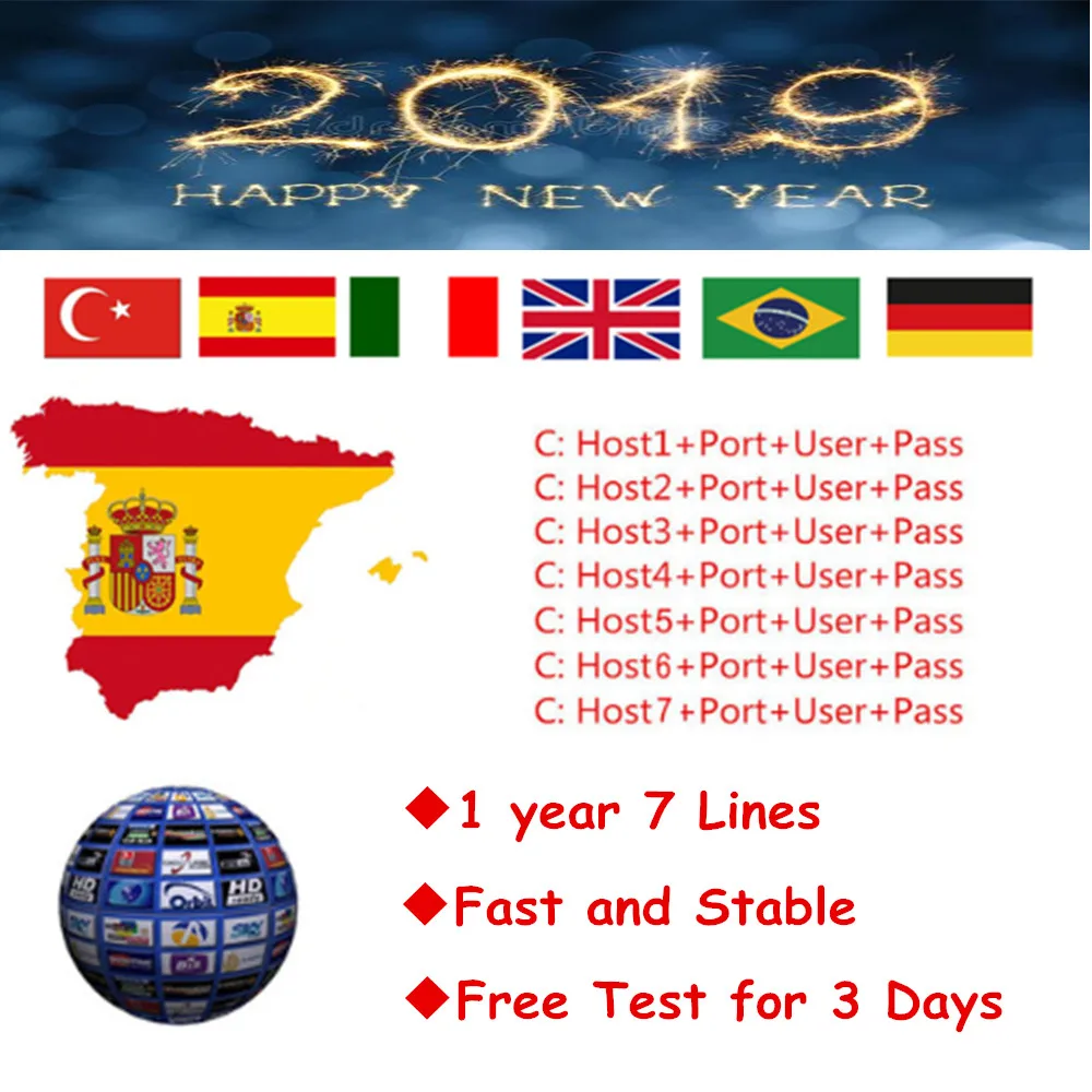 Stable Europe 1 year 7 Lines for Spain Portugal DVB S2 Satellite TV Receiver Support freesat V7S HD V8 Nova V9 Super TV Receiver