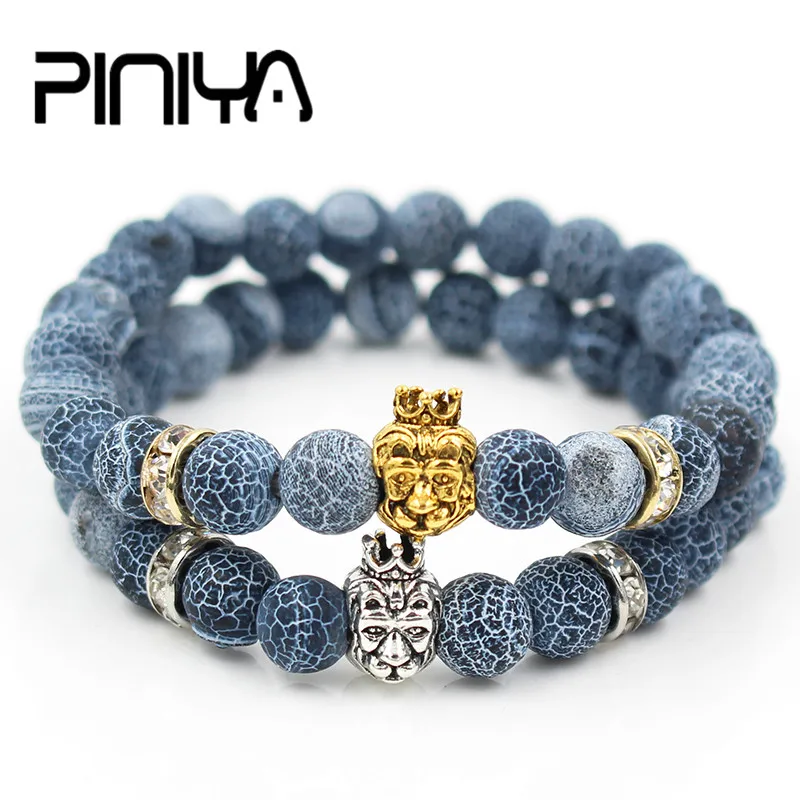 

Drop Shipping Fashion 8mm Weathering Stone Bead With King Crown Lion Head Charm Stretch Bracelet Father's Day Men Gift Jewelry