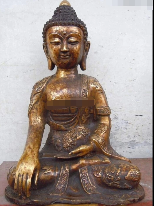 

15" China bronze gild carved Buddhism dragon Sakyamuni buddha Sculpture statue