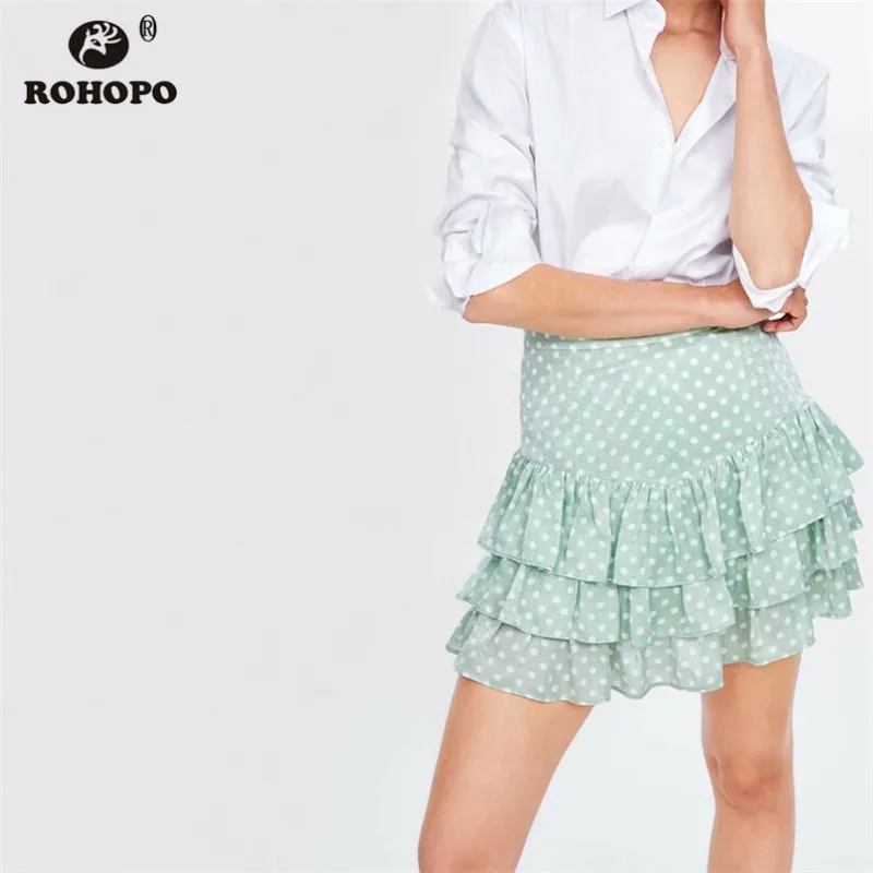 

ROHOPO Women Polk Dot Cake Skirt Pleated Ruffles Cute Preppy Skirts High Waist Draped Ball Gown Mini Skirts #UK9304