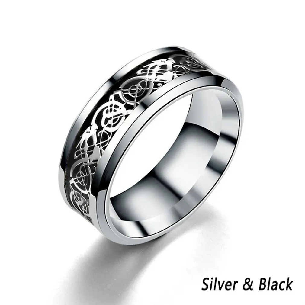 Европейский титановая сталь инкрустация серебряный дракон кусок ретро Дракон из нержавеющей стали тату парное кольцо мужской серебряный обруч для похудения - Цвет: Silver Black 13