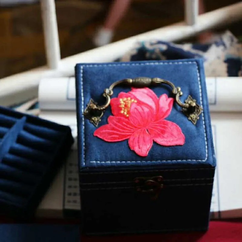 Винтажная бархатная коробка для ювелирных изделий в китайском стиле с вышитыми цветами, металлическая ручка, упаковка, модная серьга, коробка для хранения ожерелья - Цвет: Deep Blue with Lock