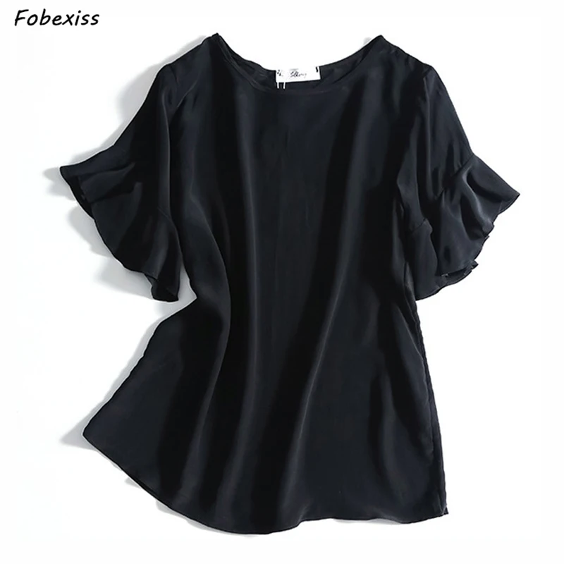 

100% Natural Silk Shirt Women Summer 2019 Short Butterfly Sleeve O Neck Matt Black Silk Crepe Blouse Harajuku Casual Modis Tops