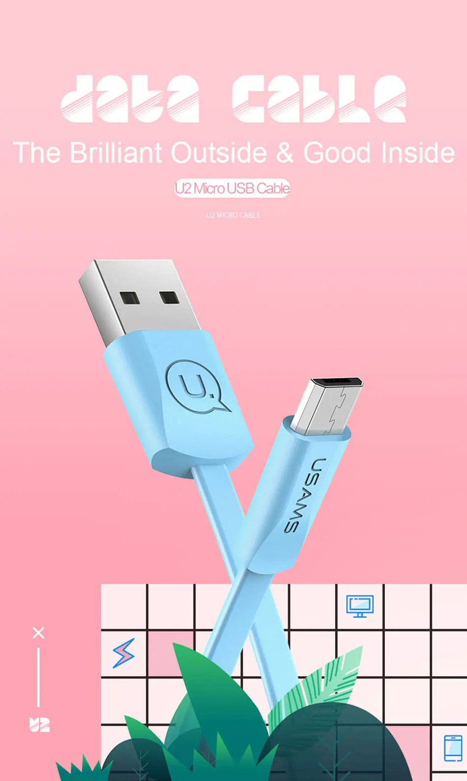 USB кабель для iphone 5 6 X Кабель USAMS Micro usb type c для синхронизации данных плоский кабель для быстрой зарядки мобильных телефонов кабель type-c usbc