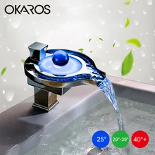 OKAROS LED Faucet LED Bathroom Basin Faucet Brass Chrome Finished LED Waterfall Taps Water Power Basin Led Tap Mixer Torneira