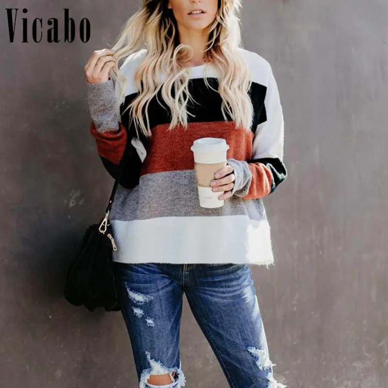 Vicabo Color Block Sweater Women Fashion Patchwork Knitted