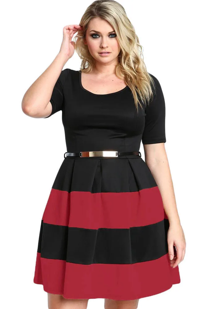 Burgundy-Stripes-Detail-Belted-Plus-Size-Skater-Dress-LC22806-3-1