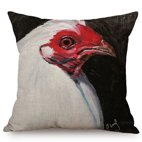 Hen Rooster Colorful Oil Painting Art Sofa Decoration Cushion Cover Rural Poultry Chicken Style Cotton Linen Square Pillow Case M082-1