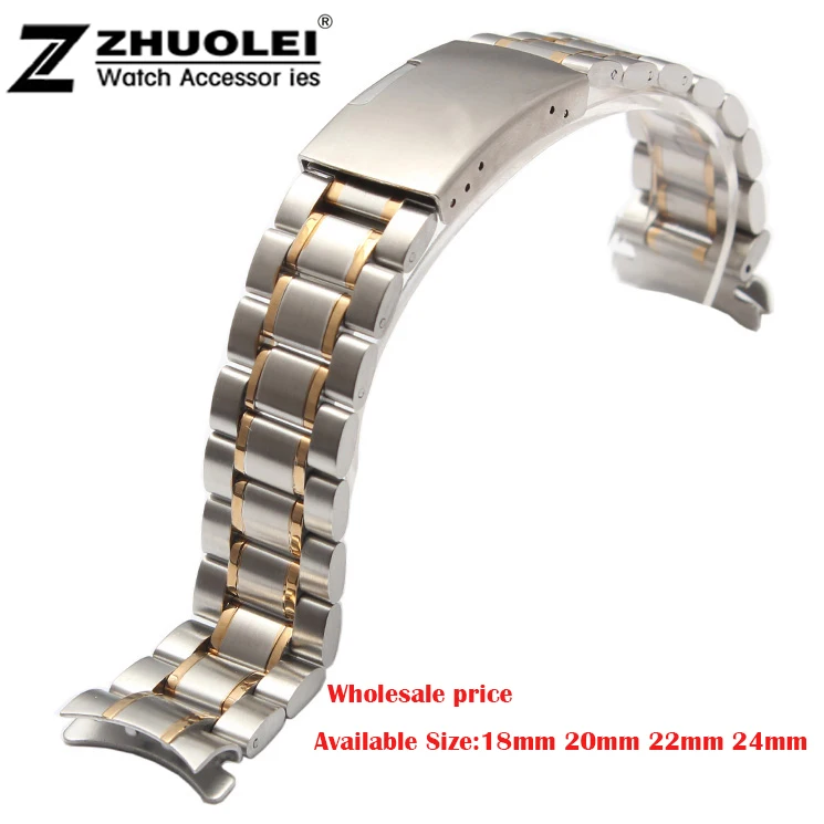 

New Unisex 18mm 20mm 22mm 24mm Silver/Gold Stainless Steel Watch Band Strap Bracelet Solid New Curved End