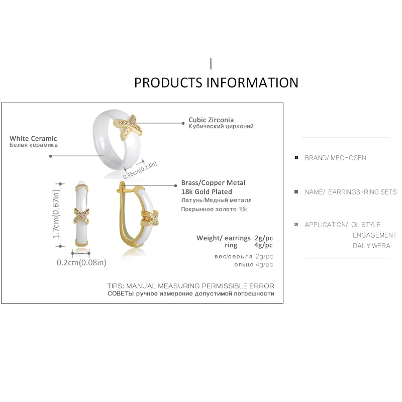 MECHOSEN Ювелирные Наборы Серьги и Кольца Белый/Черный Керамический Медный ювелирные изделия Серьги AAA Циркон Кристалл Письмо Кольцо Женщины украшение