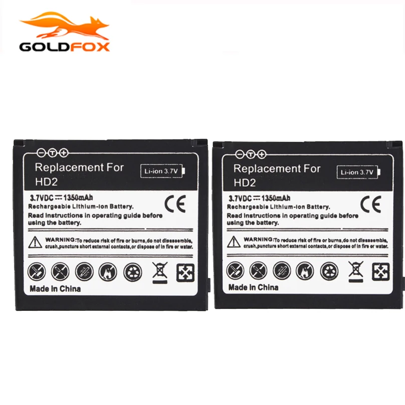 

GOLDFOX 2pcs Battery For HTC HD2 Touch HD2 T8585 HTC LEO Cell Phone 1350mAh Rechargeable Lithium-ion Batteries Bateria