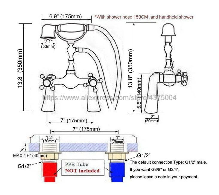 Polished Chrome Bathroom Shower Faucet Bath Faucet Double Cross Handles  With Hand Shower Head Set Deck Mounted Nna129