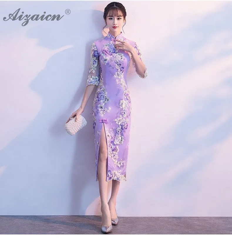 Фиолетовый Вышивка Cheongsam Длинные платья оригинальный Femme элегантный тонкий Qi Pao женское традиционное китайское платье халат Ципао