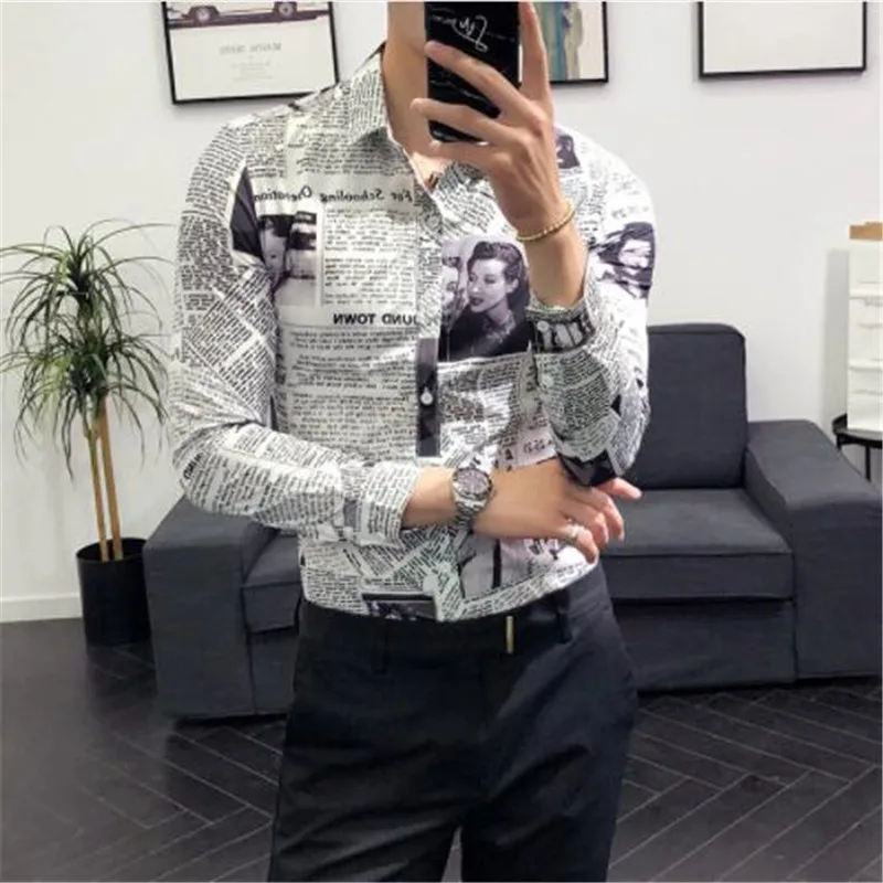 Дизайнерская рубашка с узором, рубашка для газет, Camisa Social Masculina, стильная рубашка для мужчин, вечерние, Клубные, уникальная рубашка, приталенная, 5xl