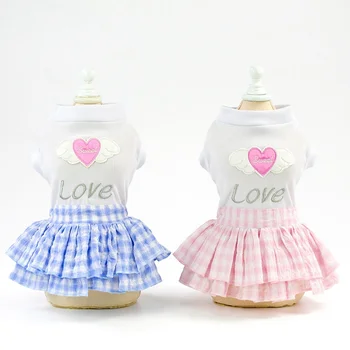 

Pet Summer Short Sleeves Skirt, Small, Medium Dogs Breathable Dress, Top with Love Heart Pattern Plaid Short Princess For Puppy