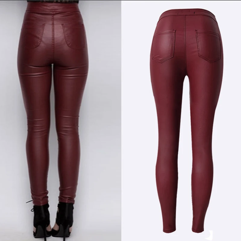 YUEY 2019 New Women Leather Pants Burgundy High Waist Pencil Feet Slim Motorcycle Europe Style Stretchy Long Tights XS To 2XL YUEY 2019 New Women Leather Pants Burgundy High Waist Pencil Feet Slim Motorcycle Europe Style Stretchy Long Tights XS To 2XL