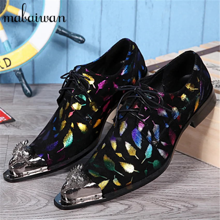 Colorful Leaves Print Men Oxford Shoes Wedding Dress Shoes Fashion Tie Up Metal Pointed Toe Creepers Chaussure Homme