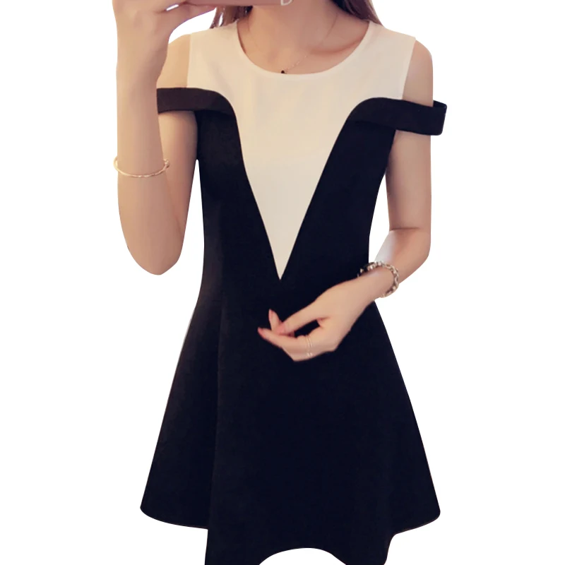 Korean Dress Version Of Color Matching Sleeve Stitching Off-the-shoulder Round Neck Dress 2019 New Women's Clothing Dress