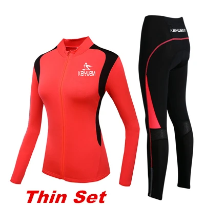 Женский зимний комплект для велоспорта с длинным рукавом, термальный флисовый комплект для велоспорта, одежда для велоспорта, Женский комплект для велоспорта - Цвет: Thin Red  Set