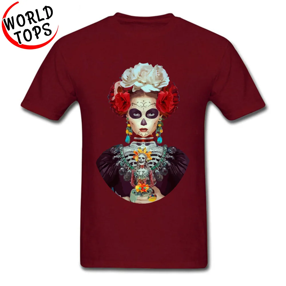 Funny Custom Summer 100% Cotton Crewneck Men Tops Shirt Printed On Top T-shirts High Quality Short Sleeve T-shirts Day Of The Dead Girl Mural maroon